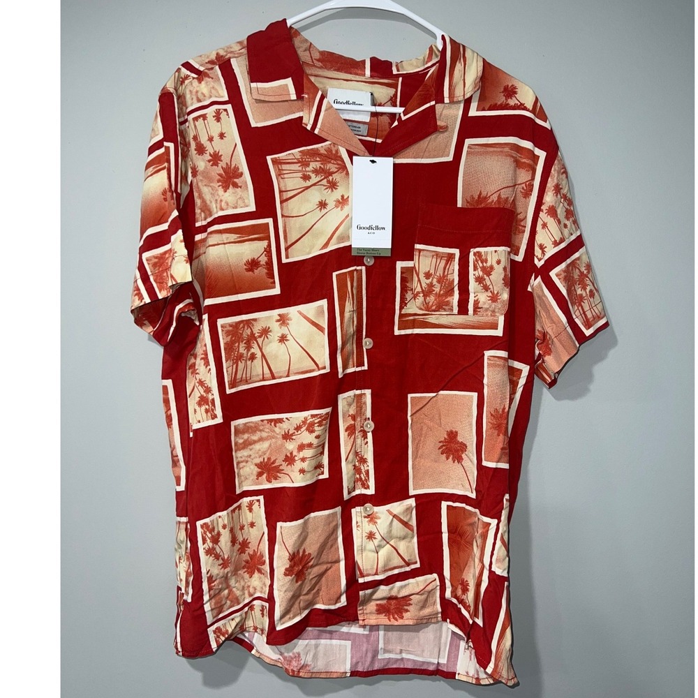 Goodfellow & Co Mens Red Tropical Palm Polaroid‎ Print Rayon Vacay Shirt Medium